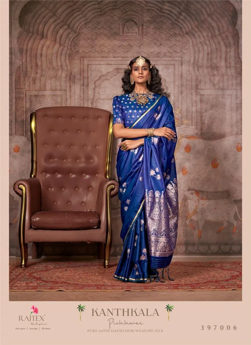 Dark Blue Colour kanthkala Pichhwai By Rajtex Satin Handloom Saree Suppliers In India 397006