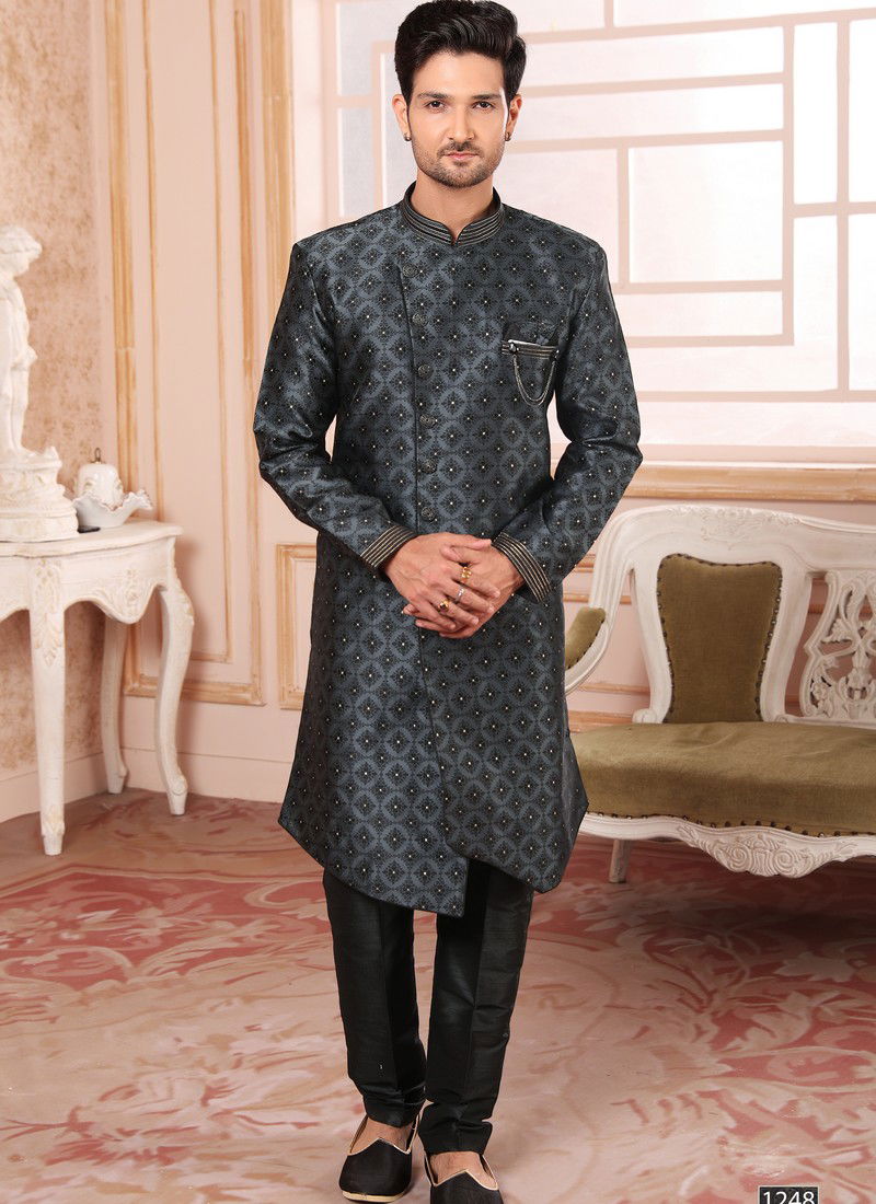 Dark Gray Colour Wedding Wear Mens Wholesale Indo Western Catalog 1248