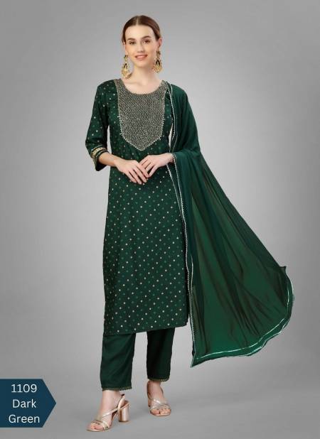 Dark Green Colour Aradhna Silk Blend With Embroidery Kurti Bottom With Dupatta Catalog 1109 A