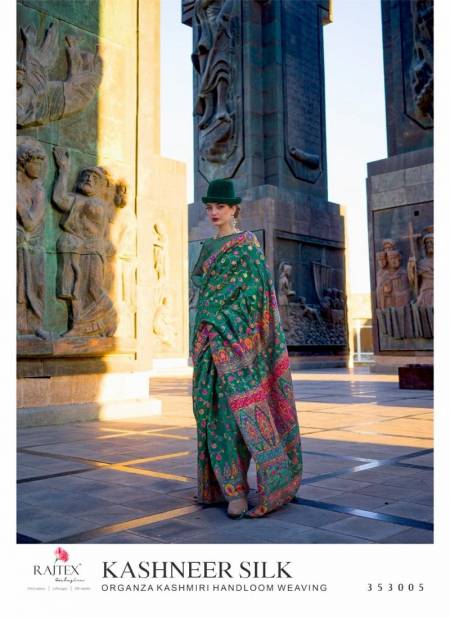 Dark Green Colour Kashneer Silk By Rajtex Organza Kashmiri Handloom Weaving Saree Wholesale Online 353005