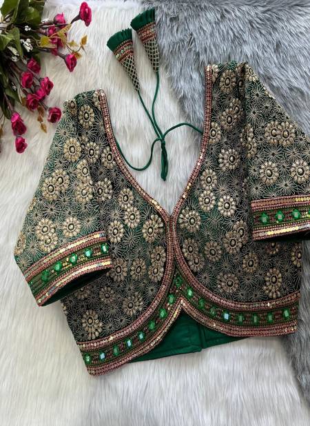 Dark Green Colour Sabyasachi Style Velvet Bridal Handwork Blouse Catalog B