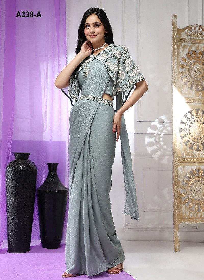 Dark Grey Colour A338-A To A338-D Amoha Embroidery Ready To Wear Designer Sarees Manufacturers A338-A