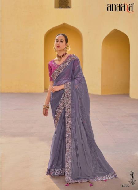 Dark Grey Colour Anaara 6900 Series By Tathastu Designer Fancy Tissue Organza Silk Saree Orders In India 6909