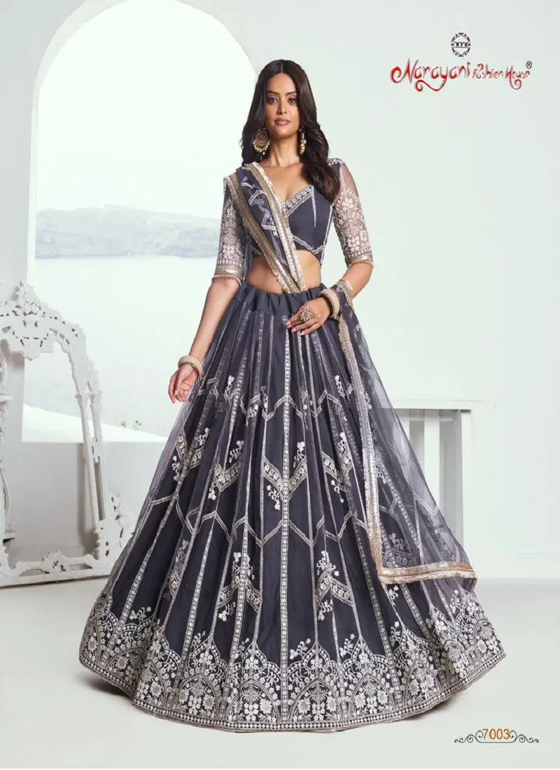 Dark Grey Colour Chandrakala Vol 1 By Narayani Fashion Wedding Wear Net Lehenga Choli Orders In India 7003