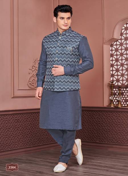 Dark Grey Colour Designer Party Wear Art Banarasi Silk Mens Modi Jacket Kurta Pajama Wholesale Online 2364