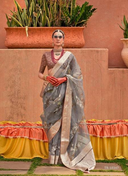 Dark Grey Colour Geetanjali By Trirath P.V Organza Silk Printed Occasion Wear Surat Saree Wholesale Market TR-10347