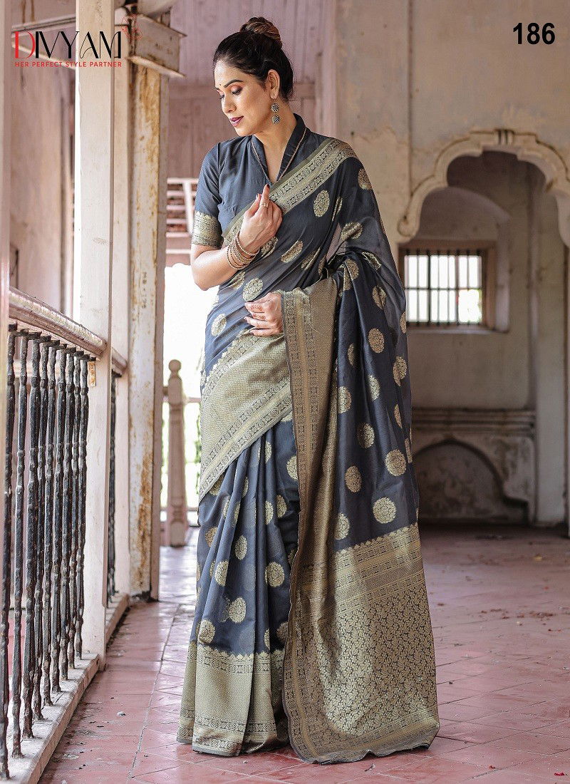 Dark Grey Colour Kirti By Divyam Chanderi Silk Wedding Saree Wholesale Shop In Surat 186