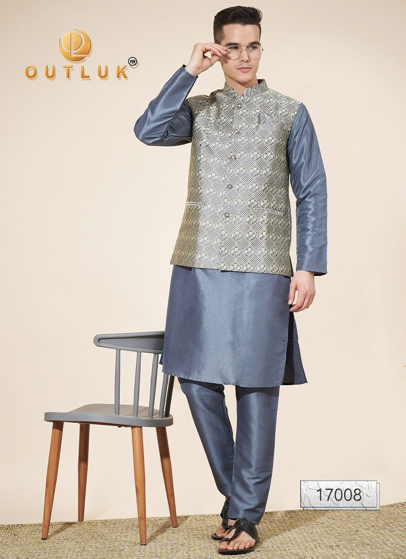 Dark Grey Colour Outluk Wedding Collection Vol 17 Jaquard Mens Modi Jacket Kurta Pajama Exporters In India 17008