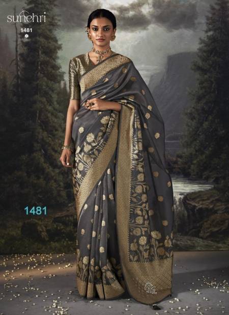 Dark Grey Colour RaatRani By Kimora Organza Banarasi Designer Saree Catalog 1481