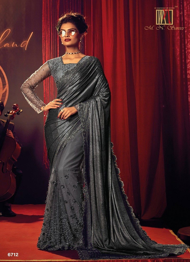 Dark Grey Colour Swarovski Vol 6 By Mn Digital Net Designer Party Wear Saree Suppliers In India 6712