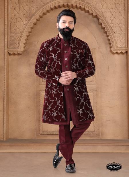 Dark Maroon Colour 1632 Occasion Wear Mens Silk Designer Modi Jacket Kurta Pajama Orders In India 1632-KS 2421