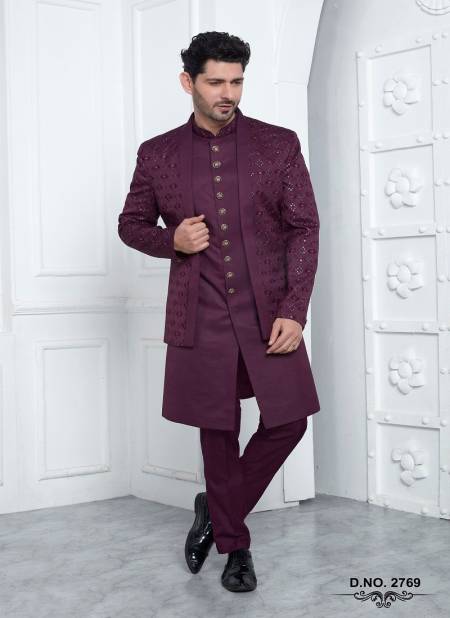 Dark Maroon Colour 1641 Party Wear Indo Western Mens Jacket Set Exporters In India 2769