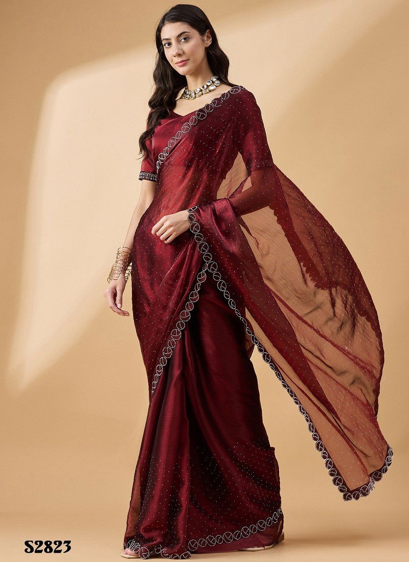 Dark Maroon Colour Radha By Mahotsav Organza Stone Work Designer Bulk Sarees Orders In India S2823