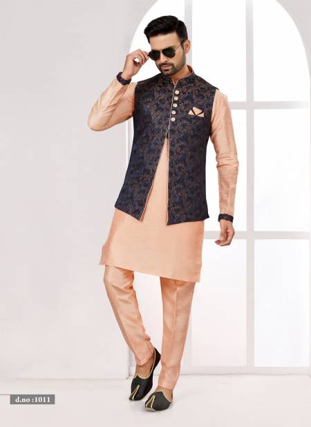 Dark Navy Blue Colour Function wear Lakhnavi Mens wear Modi Jacket Kurta Pajama Catalog 1011