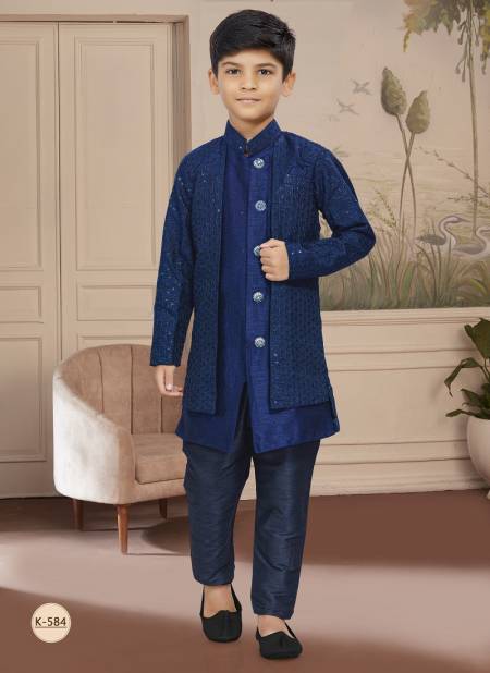 Dark Navy Blue Colour Kids Boys Wear Kurta Pajama And Indo Western Catalog K 584