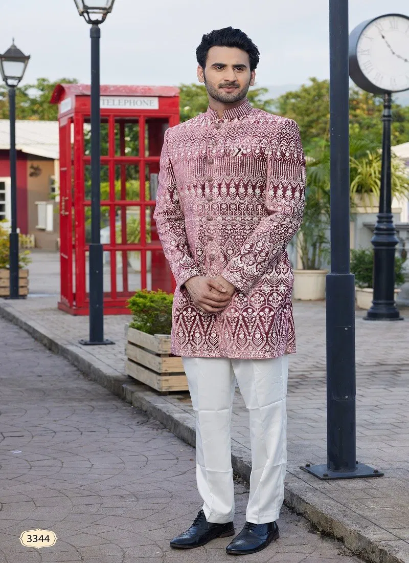 Dark Onion Colour 3341 To 3344 Wedding Wear Valvet Mens Indo Western Wholesale Online 3344