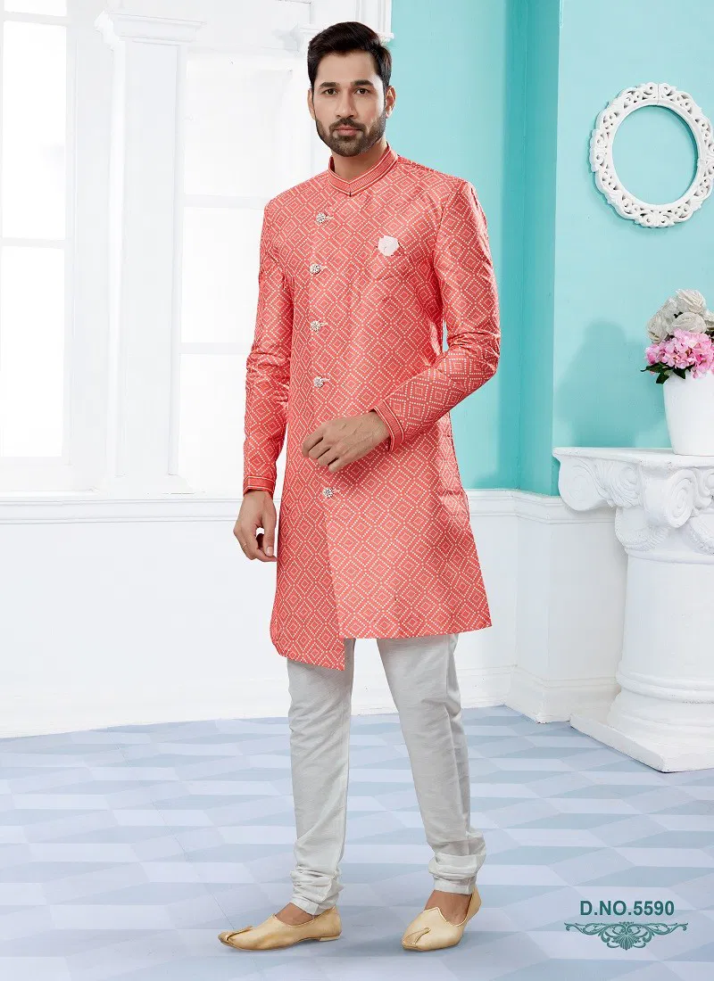 Dark Peach Colour Vol 14 Party Wear Mens Sherwani Wholesale Shop In Surat 5590