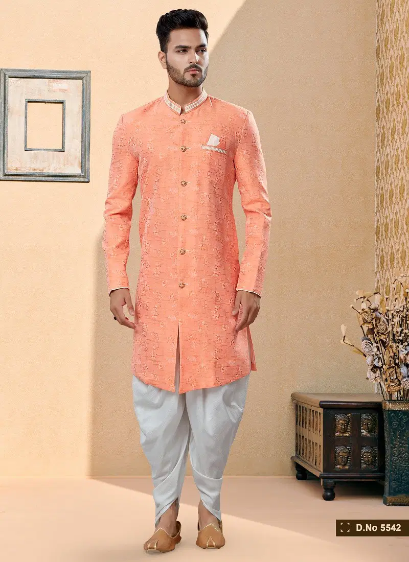 Dark Peach Colour Vol 14 Wedding Wear Mens Dhoti Sherwani Orders In India 5542