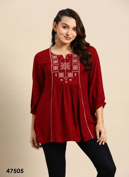 Dark Red Colour Short Top Vol 1 By Mahotsav Embroidered Rayon Wester Top Exporters In India 47505