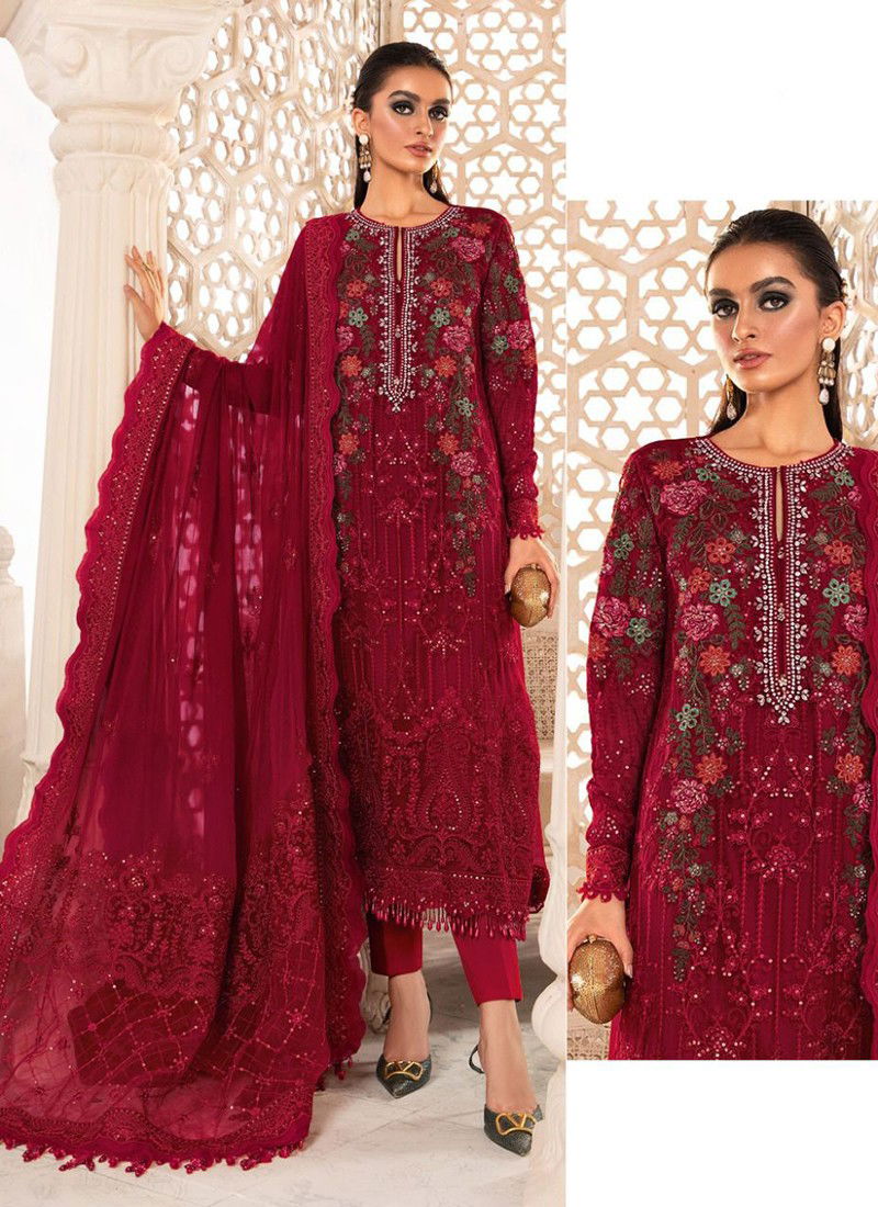 Dark Red Maria B Chiffons Vol 2 Wholesale Pakistani Salwar Suits Catalog 52001