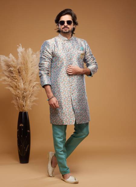 Dark Turquoise Blue Colour Exclusive Partywear Menswear Indo Western Catalog 2447