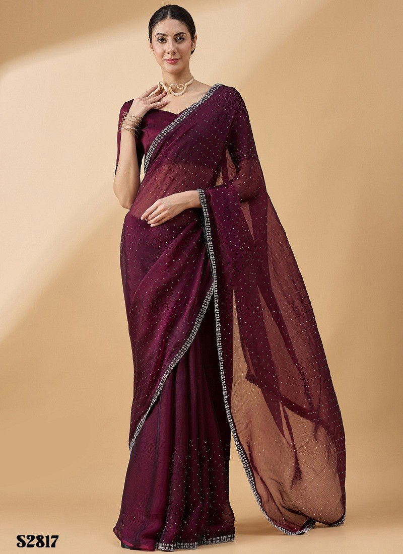 Dark Wine Colour Radha By Mahotsav Organza Stone Work Designer Bulk Sarees Orders In India S2817