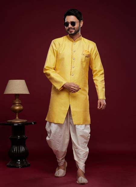 Dark Yellow Colour Mens Partywear Indo Western Catalog 2405