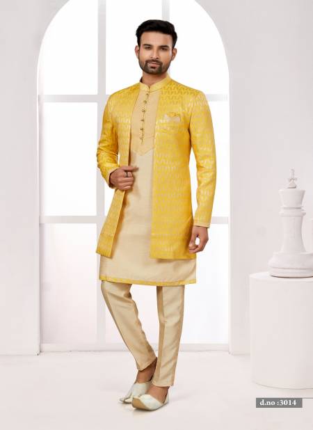 Dark Yellow and Gold Colour Party wear Indo Western Mens wear Catalog 3014