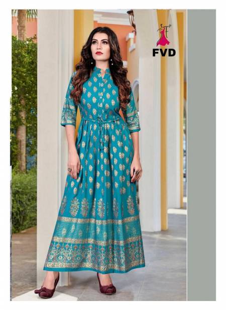 Sky Blue Light Color Designer Foil Printed Heavy 14 Kg Rayon Long Gown Party Wear Collection 101 Catalog