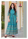 Sky Blue Light Color Designer Foil Printed Heavy 14 Kg Rayon Long Gown Party Wear Collection 101