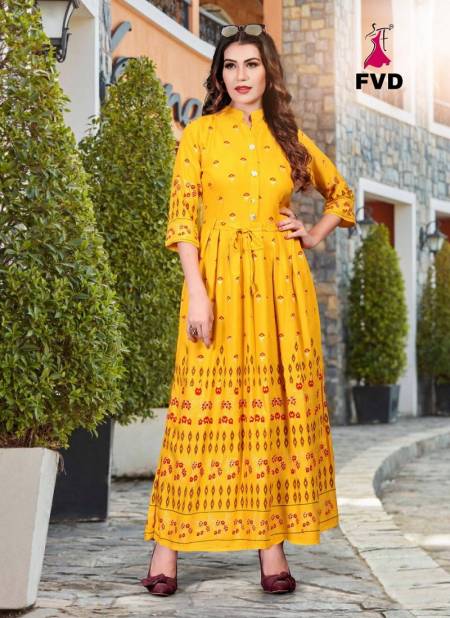 Yellow Designer FVD Rung Vol 01 Latest Party Wear Foil Printed Rayon Long Gown Collection 104 Catalog