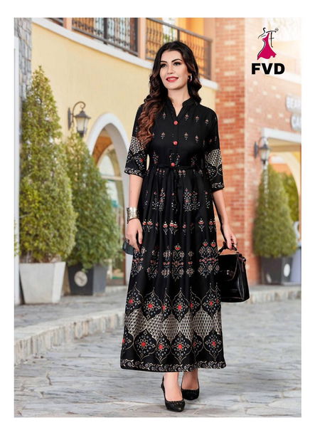 Black Designer Foil Printed Work Black FVD Rung Vol 01 New Design Rayon Long Gown Collection 105 Catalog