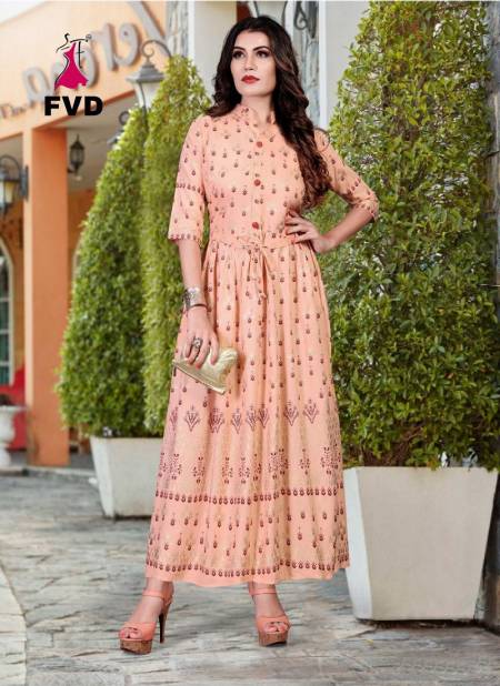 Peach FVD Rung Vol 01 Latest Designer and Party Wear Foil Printed Rayon Long Gown Collection 106 Catalog
