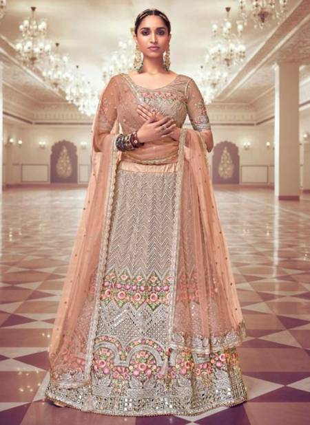 Buy Peach color Lucknowi silk Indian wedding lehenga in UK, USA and Canada
