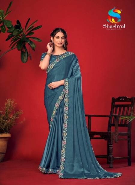 Dusty Blue Colour Charvi By Shashvat Fancy Embroidery Designer Readymade Blouse Saree Orders In india CR-09