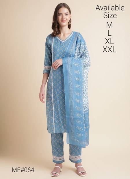 Dusty Blue Colour Mesmora Heavy Embroidered Printed Cotton Kurti With Bottom Dupatta Surat Wholesale Market MF064