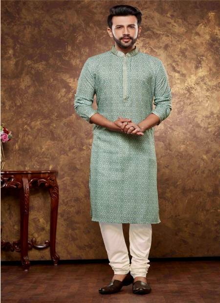 Dusty Green And White Colour 1631 Function Mens Wear Poly Cotton Digital Printed Kurta Pajama Exporters In India 1631-5