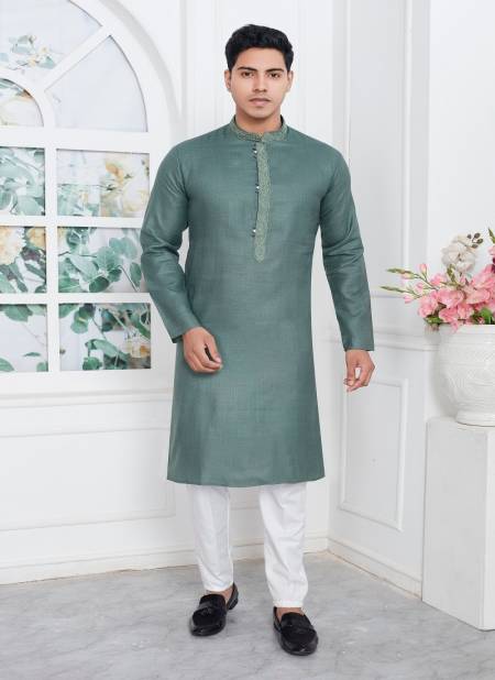 Dusty Green Colour Occasion Mens Wear Premium Linen Cotton Designer Kurta Pajama Wholesale Online 3147