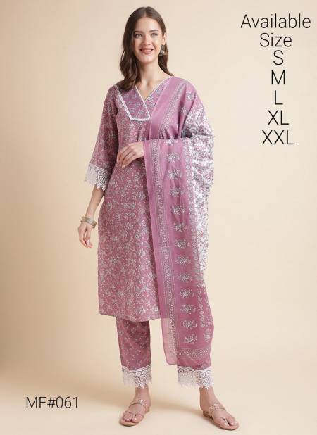 Dusty Pink Colour Mesmora Heavy Embroidered Printed Cotton Kurti With Bottom Dupatta Surat Wholesale Market MF061