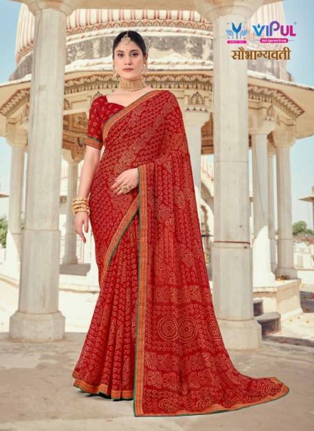 Fire Brick Colour Saubhagyavati by Vipul Chiffon Wear Sarees Wholesale Clothing Suppliers In India 79208