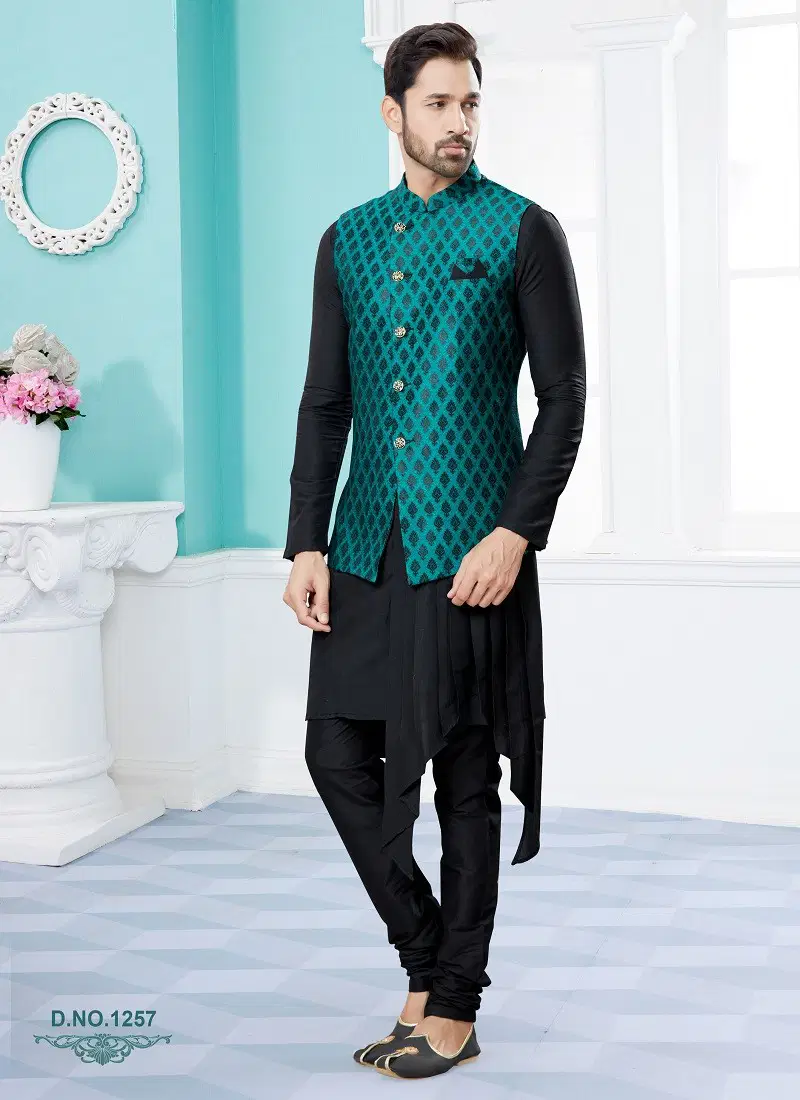 Firozi And Black Vol 15 Party Wear Mens Modi Jacket Kurta Pajama Online Wholesale 1257