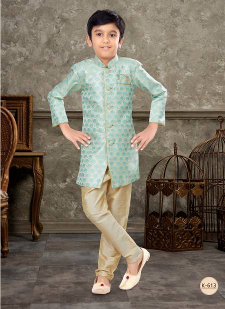 Firozi And Cream Colour Kids Vol 5 Boys Wear Kurta Pajama And Indo Western Catalog K 613