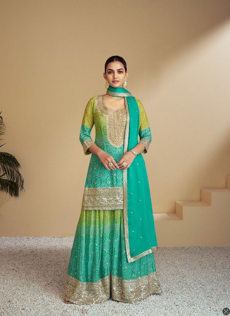 Firozi And Green Colour Florence By Gulkayra Real Chinon Designer Readymade Suits Orders In India 7483