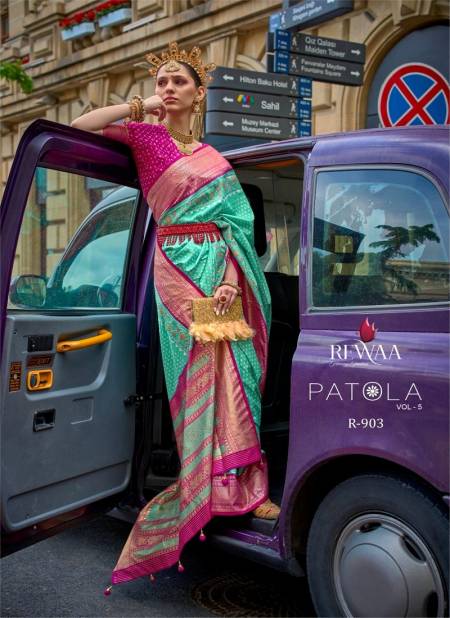 Firozi And Pink Colour Patola Vol 5 By Rewaa Printed Silk Wedding Saree Exporters in India R-903