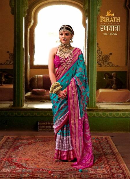 Firozi And Pink Colour Rathyatra By Trirath Mercerizer Sigma Silk Printed Saree Exporters In India 10296