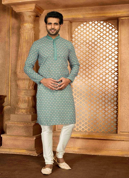Firozi And White Colour 1631 Function Mens Wear Poly Cotton Digital Printed Kurta Pajama Exporters In India 1631-11