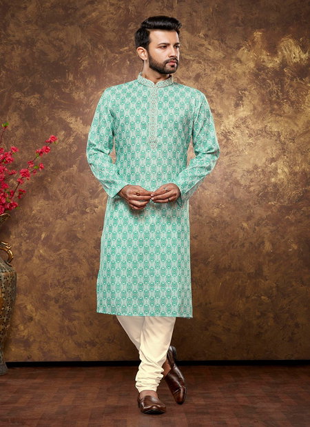 Firozi Colour 1633 Occasion Mens Wear Poly Cotton Printed Kurta Pajama Surat Wholesale Market 1633-6