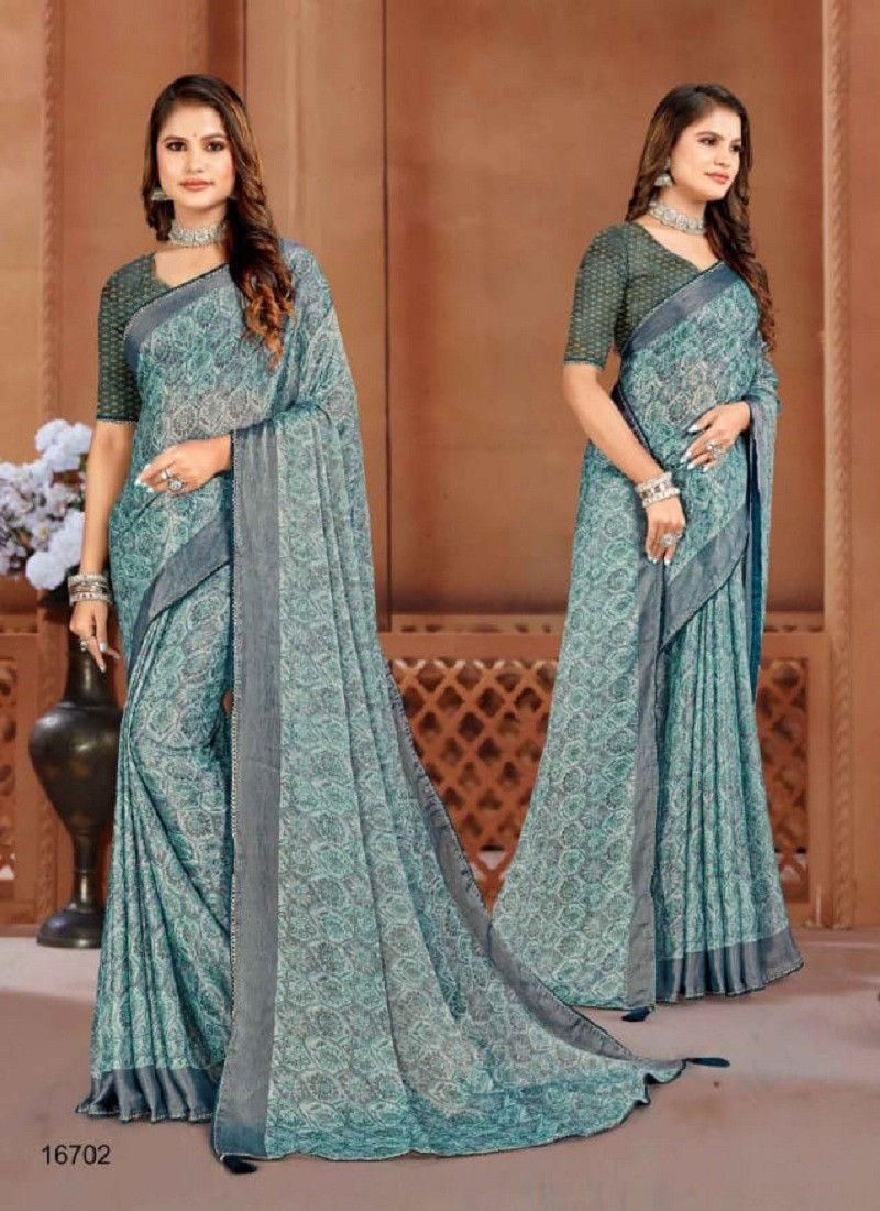 Firozi Colour Blink It By Jalnidhi Heavy Chiffon Brasso Printed Saree Orders In India 16702