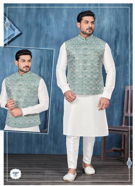 Firozi Colour Function Wear Art Banarasi Silk Mens Modi Jacket Kurta Pajama Wholesale Market In Surat 2387