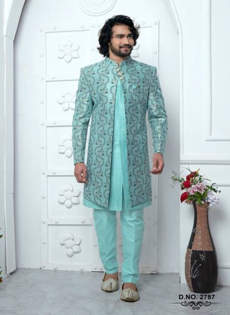 Firozi Colour Function Wear Indo Western Mens Jacket Set Wholesale Shop In Surat 2787